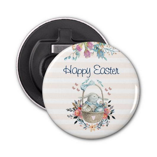 キュートバニーインバスケット&チューリップ花模様ハッピーイースター 栓抜き (正面)
