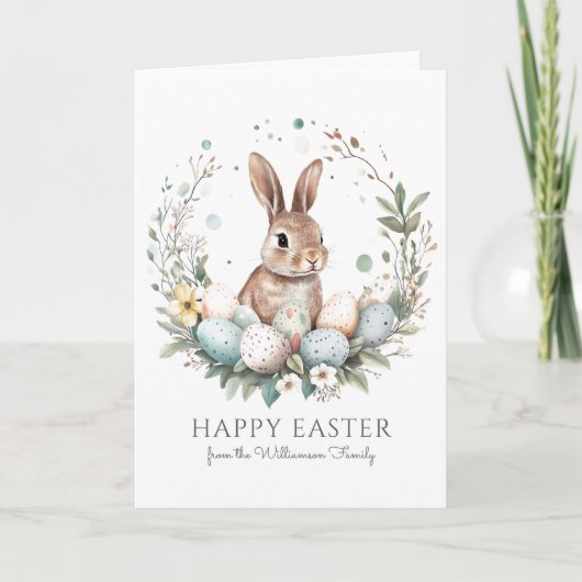 キュートバニーエッグガーランドリースパーソナライズされたイースター カード (正面)