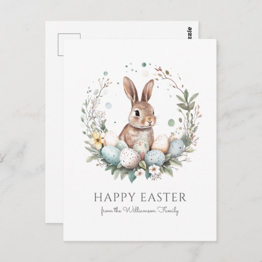 キュートバニーエッグガーランドリースパーソナライズされたイースター ポストカード (正面/裏面)