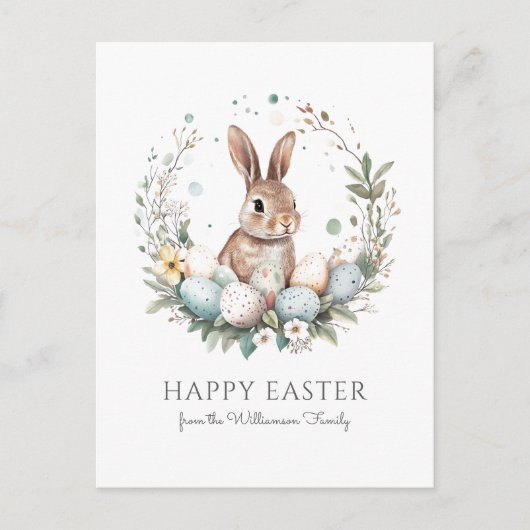 キュートバニーエッグガーランドリースパーソナライズされたイースター ポストカード (正面)