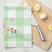 キュートバニーハッピーイースターピンクフラワーグリーンプレイド キッチンタオル (四つ折り)