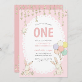 キュートバニーバルーン誕生日招待状 招待状