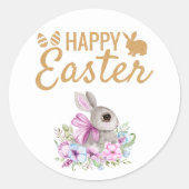 キュートバニーピンクフローラ金ゴールドグリッターハッピーイースター ラウンドシール (正面)