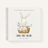 キュートバニーフローラバスケット子供の誕生日ゲストブック ノートブック (正面)