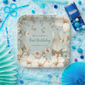 キュートバニーボタニカルパウダーブルーファースト誕生日 ペーパープレート (パーティー)