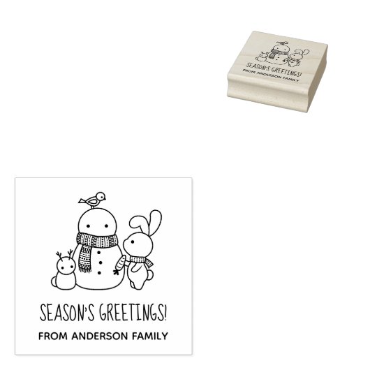 キュートバニーラビットと雪だるま季節のごあいさつ ラバースタンプ (押印)