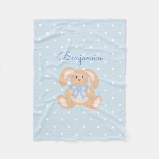 キュートバニーラビットパステルブルー水玉模様キッズ フリースブランケット (正面)