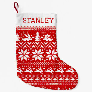 キュートバニーラビットホリデーパター赤と白ン スモールクリスマスストッキング