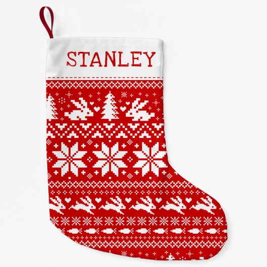 キュートバニーラビットホリデーパター赤と白ン スモールクリスマスストッキング (正面)