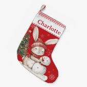 キュートバニーラビット建物ア雪だるまレッドギンガム スモールクリスマスストッキング (正面 (吊り時))