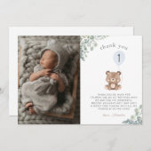 キュートバルーングリーンリーテディベアファースト誕生日 サンキューカード (正面/裏面)