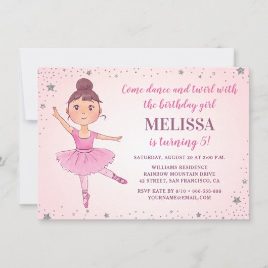 キュートバレリナピンクシルバースターズガール誕生日 招待状 (正面)
