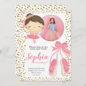キュートバレリナピンク金ゴールドグリッター |フォト誕生日 招待状 (正面/裏面)