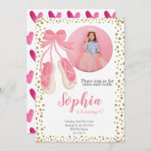 キュートバレリナピンク金ゴールドグリッター |女の子誕生日 招待状 (正面/裏面)