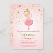 キュートバレリナピンク金ゴールドグリッター |女の子誕生日 招待状 (正面/裏面)