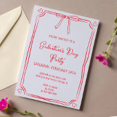 キュートバレンタインデーパーティーガーリーレッドボウハート 招待状