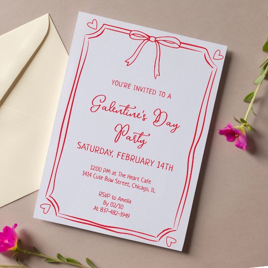 キュートバレンタインデーパーティーガーリーレッドボウハート 招待状