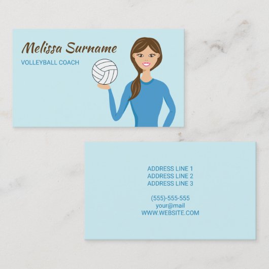 キュートバレーボールコーチガールイラストレーションブルー 名刺 (正面/裏面)