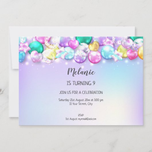 キュートバローンズバースデーパーティーガール招待状 招待状 (正面)