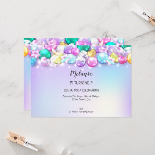 キュートバローンズバースデーパーティーガール招待状 招待状 (正面/裏面インサイチュ)