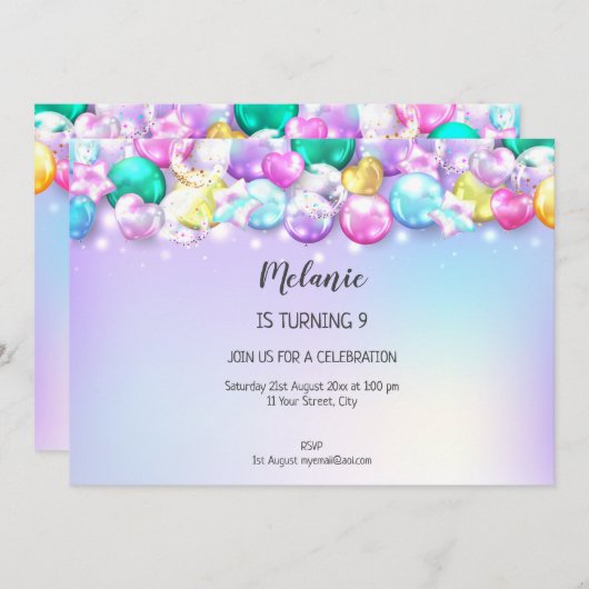 キュートバローンズバースデーパーティーガール招待状 招待状 (正面/裏面)