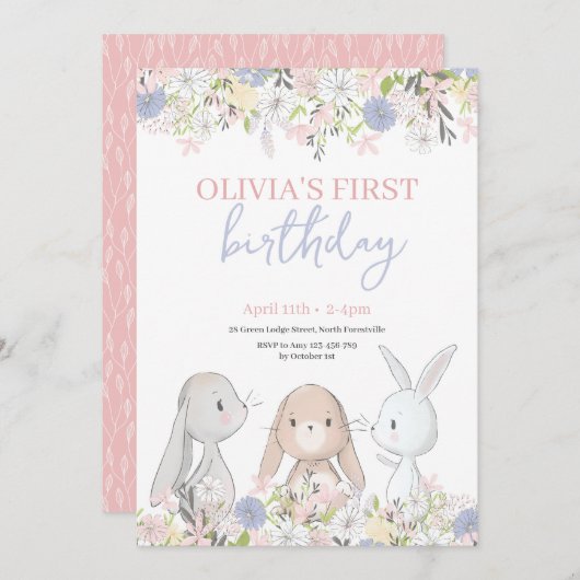 キュートバンニー誕生日招待状 招待状 (正面/裏面)