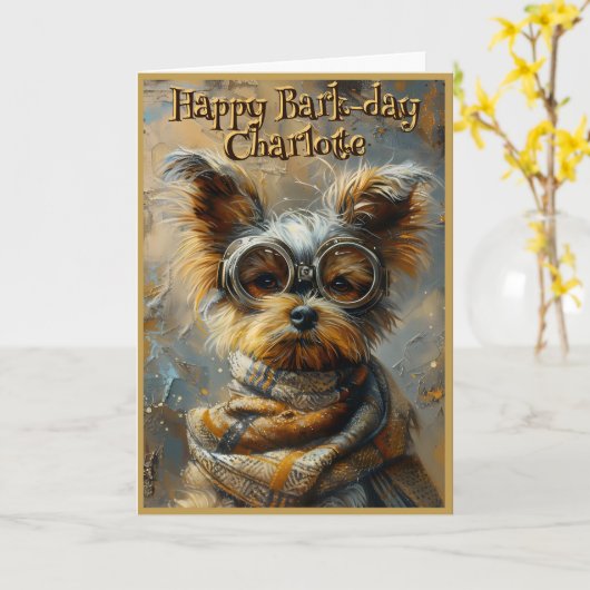 キュートバースデースチームパンクヨークシャーテリア名前をカスタムする163 カード (黄色い花)