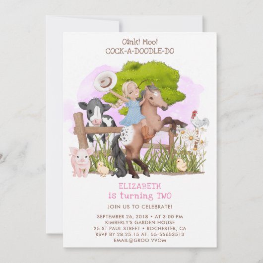 キュートバースデーファームアニマルズ女性のカーボーイ納屋周囲の庭 招待状 (正面)