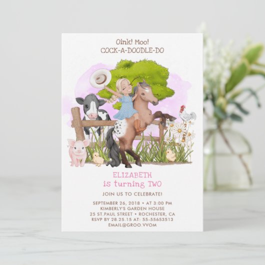 キュートバースデーファームアニマルズ女性のカーボーイ納屋周囲の庭 招待状 (スタンド正面)