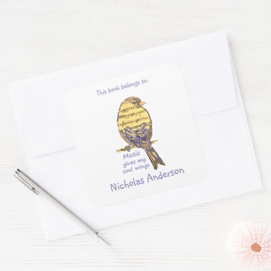 キュートバードミュージック与えウイング引用文蔵書票 スクエアシール (封筒)