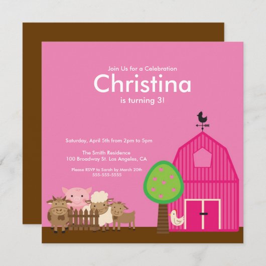 キュートバーンヤードファームアニマルズ誕生日パーティー招待状 招待状 (正面/裏面)