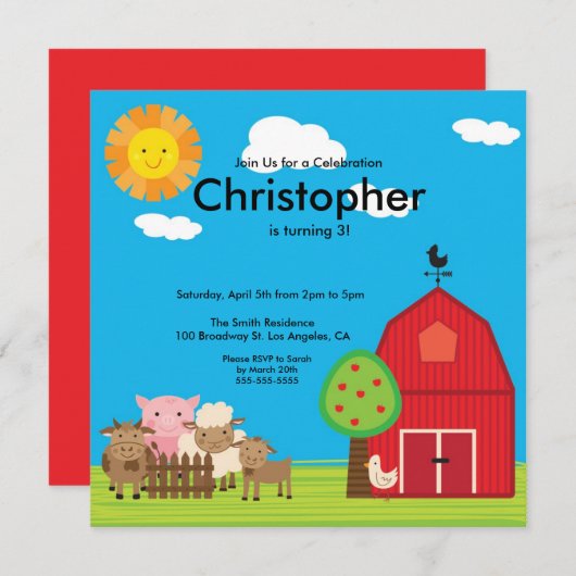 キュートバーンヤードファームアニマルズ誕生日パーティー招待状 招待状 (正面/裏面)