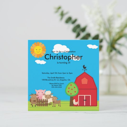 キュートバーンヤードファームアニマルズ誕生日パーティー招待状 招待状 (スタンド正面)