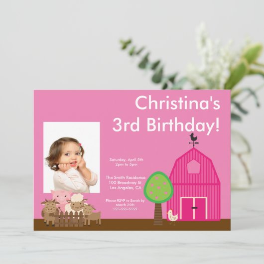 キュートバーンヤードファームアニマルズ誕生日写真招待状 招待状 (スタンド正面)