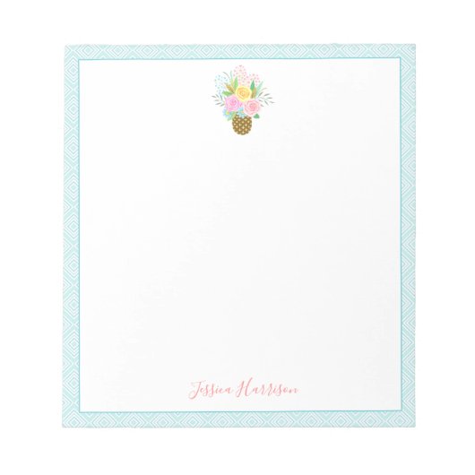 キュートパイナップルバラブーケピンクターコイズ ノートパッド (正面)