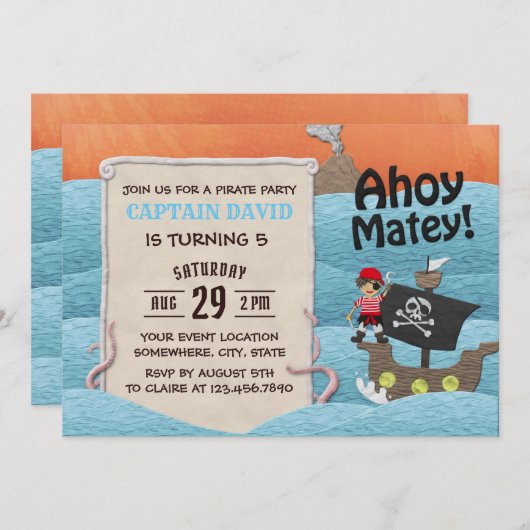 キュートパイレーツアドベンチャーアホイマテイボーイ誕生日 招待状 (正面/裏面)