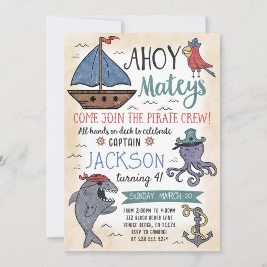 キュートパイレーツキャラクター誕生日招待状 招待状 (正面)