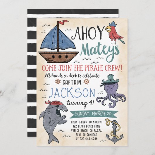 キュートパイレーツキャラクター誕生日招待状 招待状 (正面/裏面)
