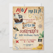 キュートパイレーツ誕生日パーチメント水の色 招待状 (正面)