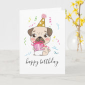 キュートパグドッグポーズ誕生日パーソナライズされたカスタム カード (黄色い花)
