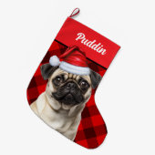 キュートパグ犬レッドバッファローチェックカスタム ラージクリスマスストッキング (正面 (吊り時))