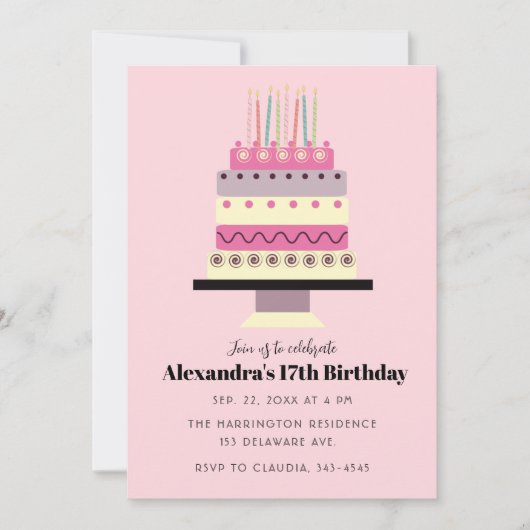 キュートパステルお誕生日ケーキレトロガーリーピンク 招待状 (正面)
