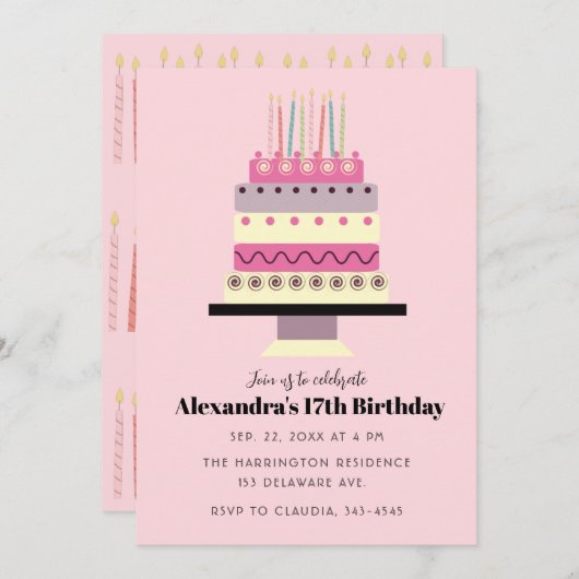 キュートパステルお誕生日ケーキレトロガーリーピンク 招待状 (正面/裏面)