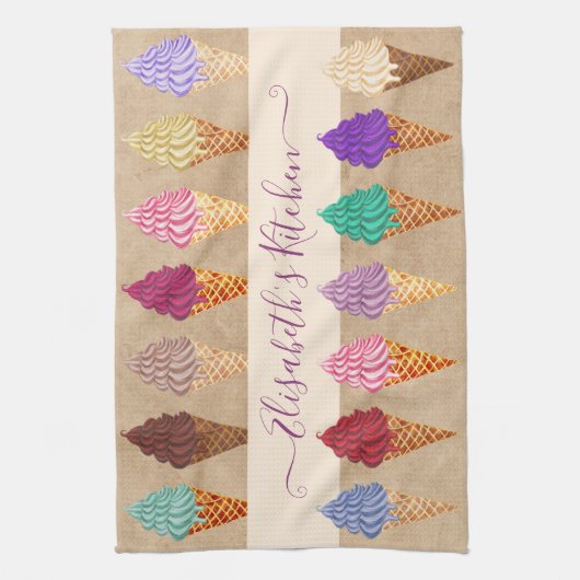 キュートパステルウォーターカラーアイスクリームおもしろい名前をカスタムする キッチンタオル (縦)