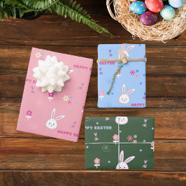 キュートパステルカラーイースターバニーフローラ ラッピングペーパーシート