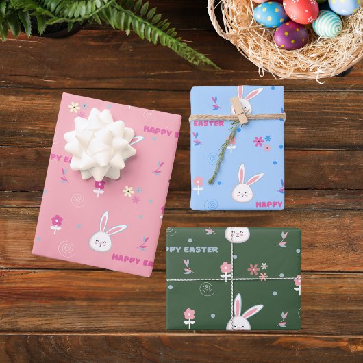 キュートパステルカラーイースターバニーフローラ ラッピングペーパーシート