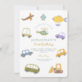 キュートパステルカートラック飛行機ロケットファースト誕生日 招待状 (正面)