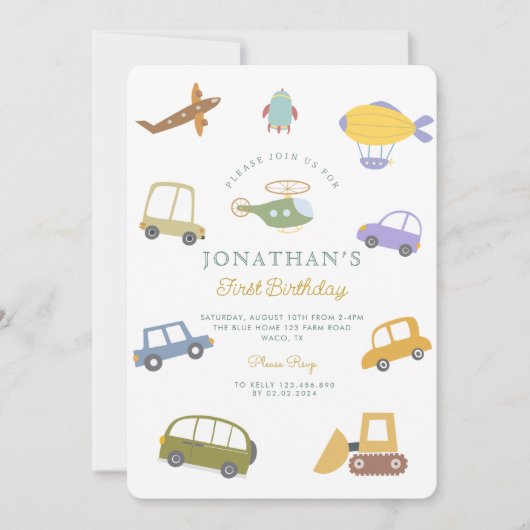 キュートパステルカートラック飛行機ロケットファースト誕生日 招待状 (正面)