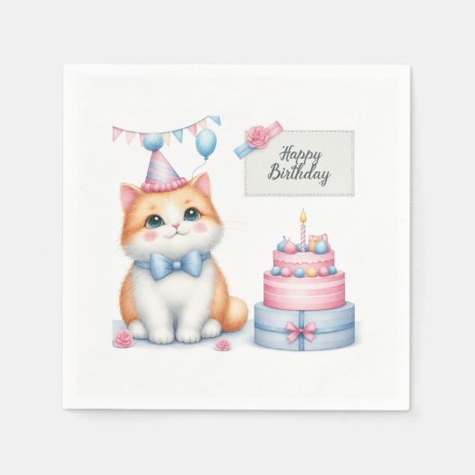 キュートパステルキッテンお誕生日ケーキ誕生日 スタンダードカクテルナプキン (正面)
