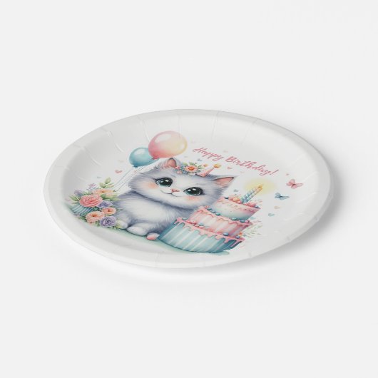 キュートパステルキッテンお誕生日ケーキ誕生日 ペーパープレート (アングル)